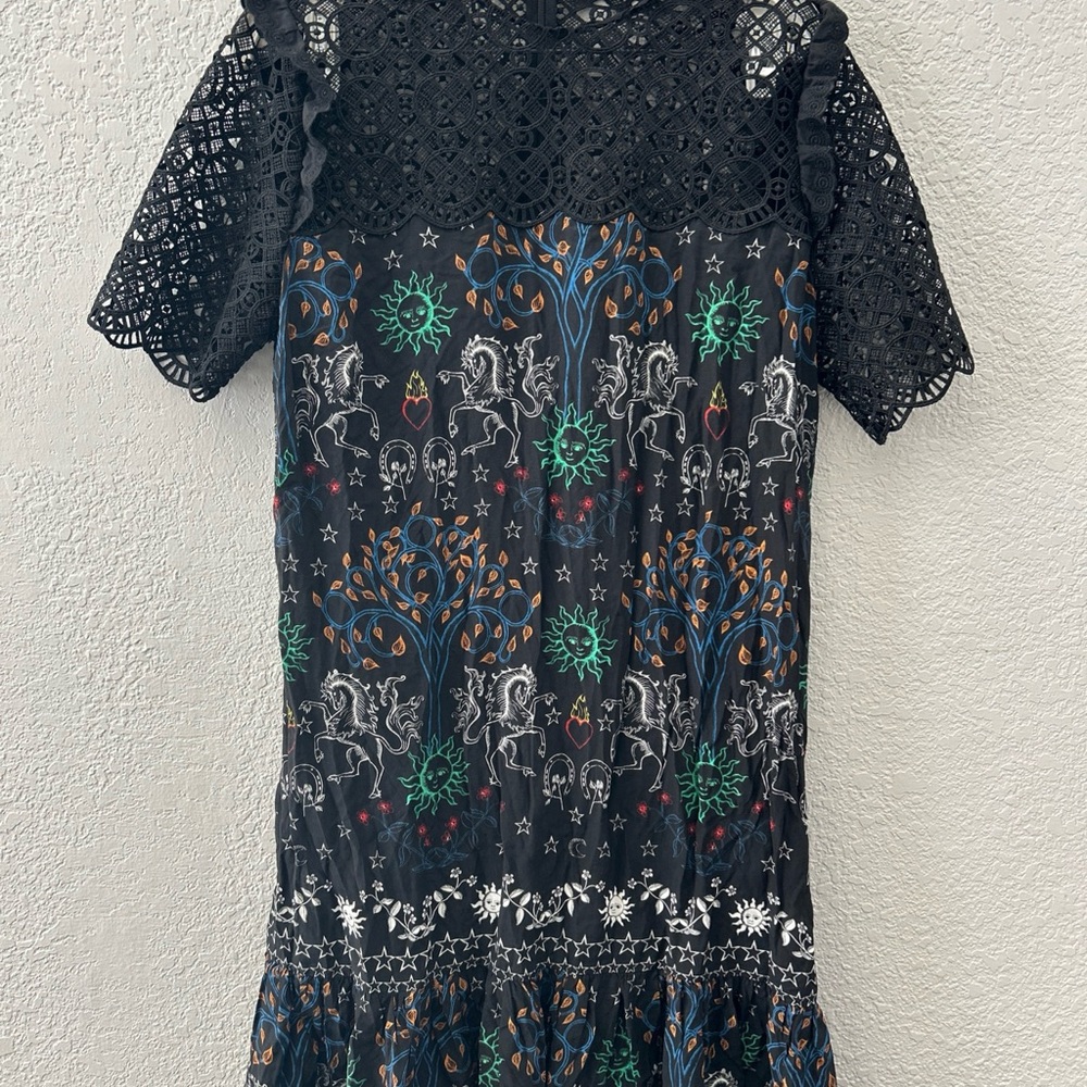 Sandro Paris Astrological Flounce Dress Horse Sun Star Designer Sz 2XL UK 40